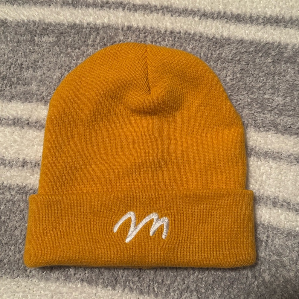Mustard Yellow Knit Beanie White ‘M’ Logo Casual Streetwear autumn Marzia